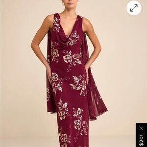 Lulus Sidonia Burgundy and Gold Floral Cowl Sash Maxi Dress
